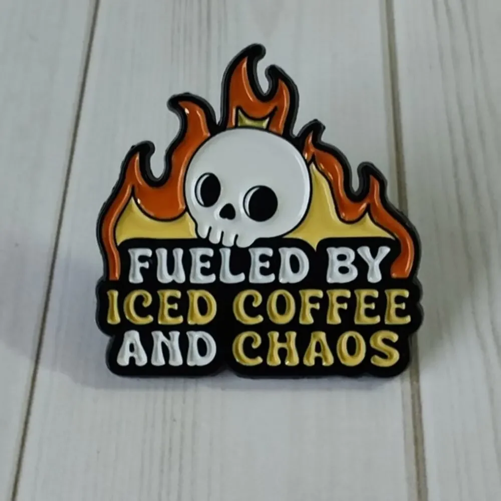 Funny Fueled by Iced Coffee and Chaos Pin Humor Lapel Hat Badge